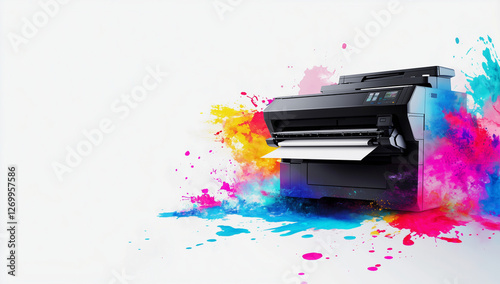 Color ink explosion from a modern printer, symbolizing digital printing technology, creativity, graphic design, high-quality printing, and professional media production in vibrant and dynamic visual a