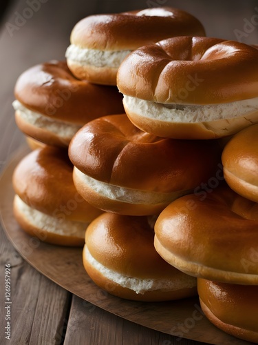 Cream Cheese Bagels Stacked Wooden Tray Delicious Bakery Food