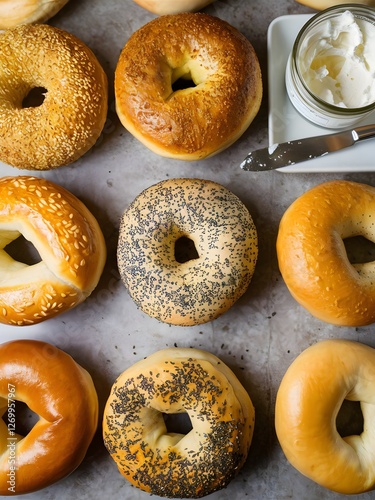 Assorted Delicious Bagels with Cream Cheese, Sesame, Poppy Seeds
