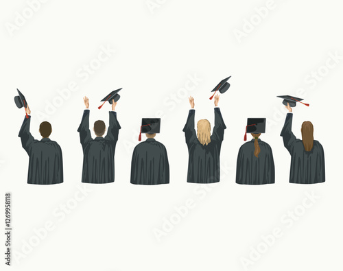 set of graduation half figures standing from behind gestrues university college diplom traditional celebration ceremony school pupils in robe vector flat illustration isolated on white background