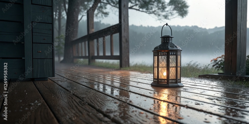 Lantern glowing on a wet wooden deck during a rainstorm near a tranquil lake at dusk