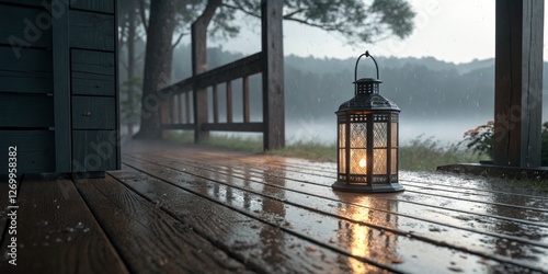 Obraz na płótnie Lantern glowing on a wet wooden deck during a rainstorm near a tranquil lake at dusk w salonie