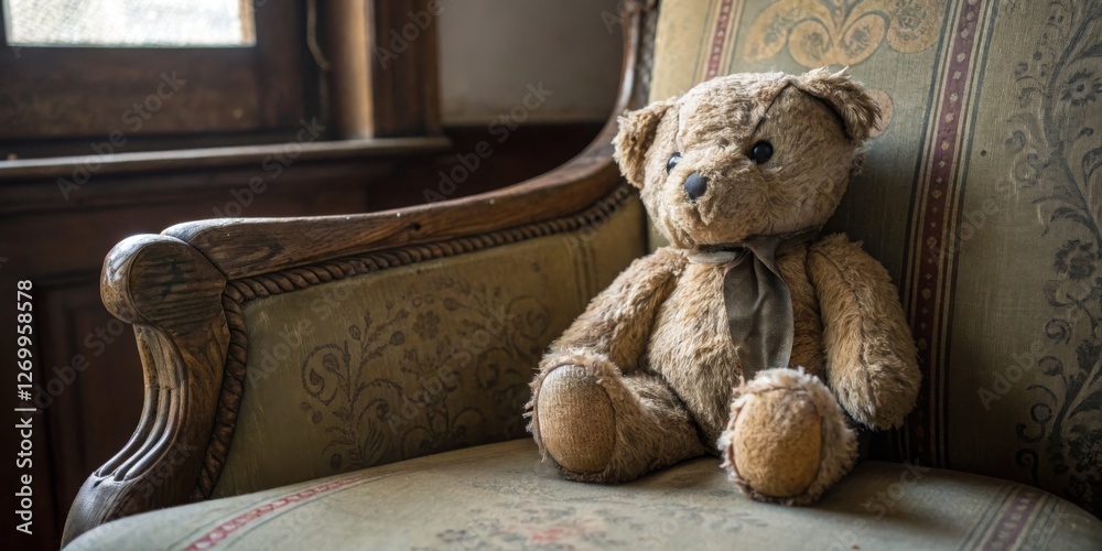 Vintage teddy bear sitting on a decorative armchair in an old, cozy room with wooden features