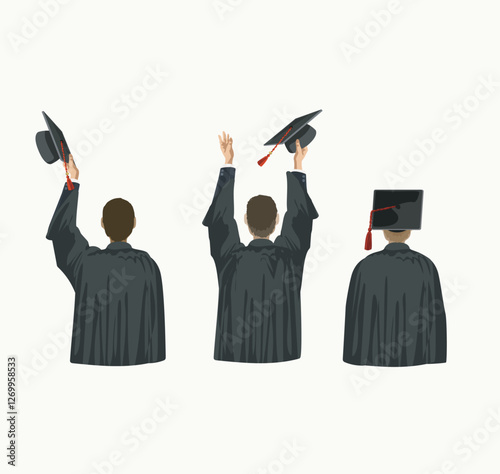 set of graduation half figures standing from behind gestrues university college diplom traditional celebration ceremony school pupils in robe vector flat illustration isolated on white background
