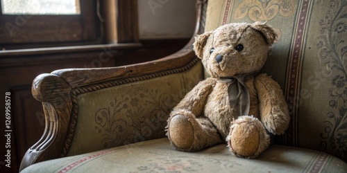Obraz na płótnie Vintage teddy bear sitting on a decorative armchair in an old, cozy room with wooden features w salonie