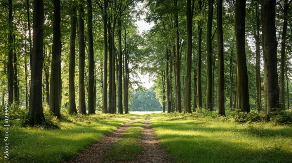 Fototapeta premium Sunlit Forest Path, Tranquil Woods, Peaceful Nature Scene, Perfect for Calm Desktop Background