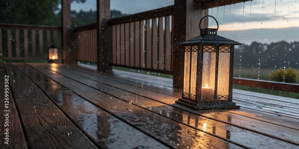 Rain falling on a wooden deck with lanterns casting warm light at dusk near a lush landscape