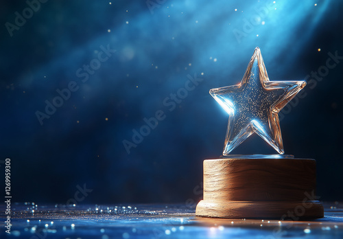 Elegant crystal star trophy with copy space illuminated by a spotlight on a dark stage