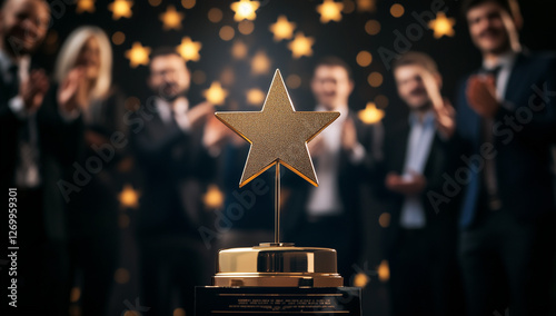 Gold star award with people clapping in the background, celebrating excellence and achievement