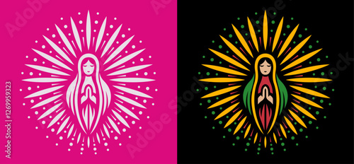 Virgin of Guadalupe, stylized Mexican Catholic Christian virgin, holy lady circular aura, traditional Mexican beliefs