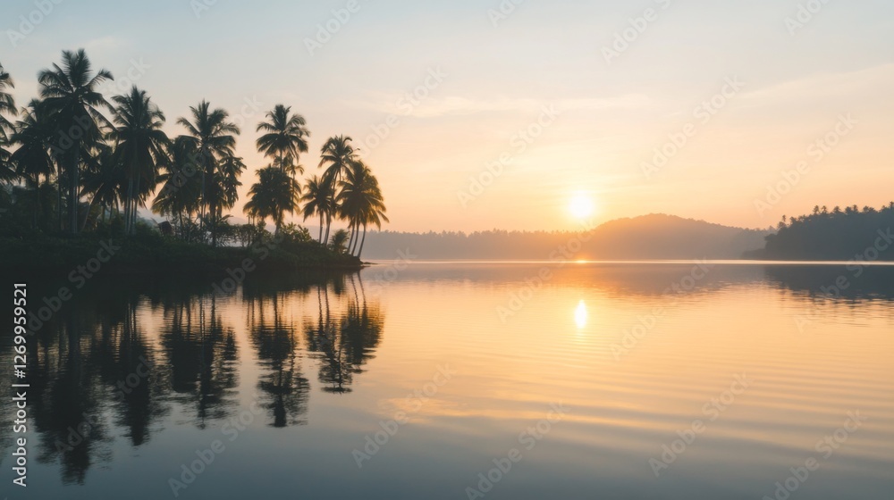 Sunrise over calm lake with palm trees. Peaceful morning view. Possible use Stock photo Sunrise over calm lake with palm trees. Peaceful morning view. Possible use Stock photo