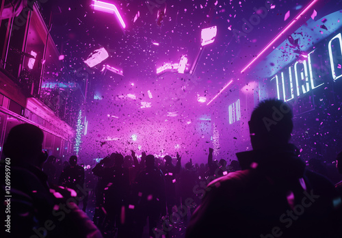 Futuristic cyberpunk city party scene with neon lights, confetti, and a crowd celebrating at night