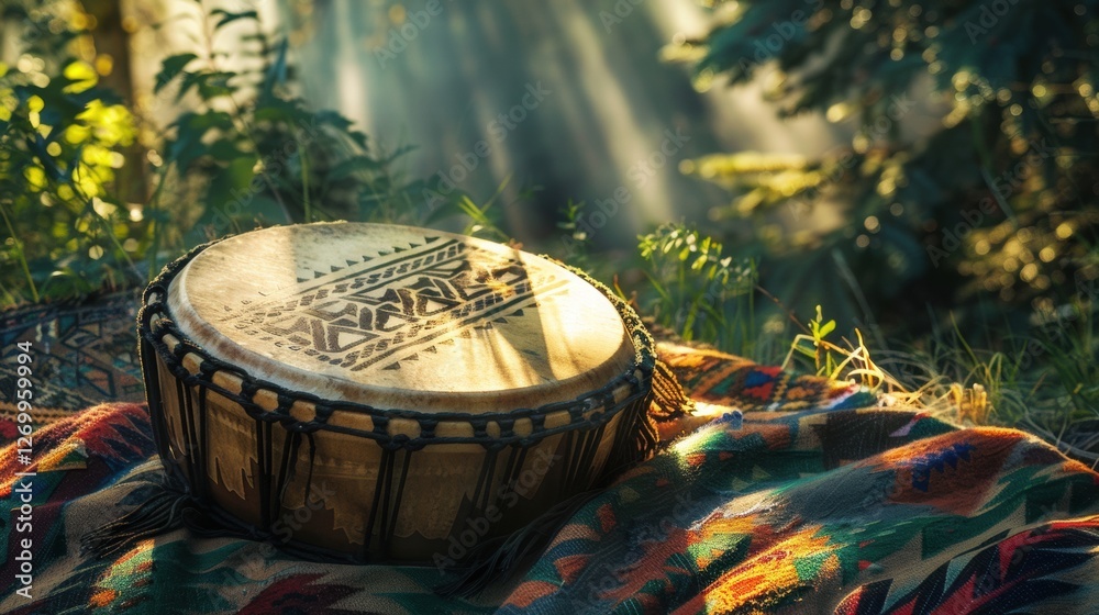 Obraz premium Handcrafted Tribal Drum on Colorful Ethnic Blanket Outdoors