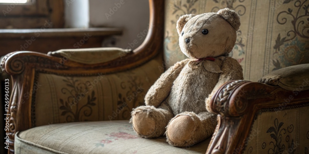 Vintage teddy bear sitting on an antique armchair in a cozy room with soft natural light filtering through the window