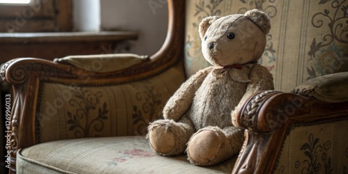 Obraz na płótnie Vintage teddy bear sitting on an antique armchair in a cozy room with soft natural light filtering through the window w salonie