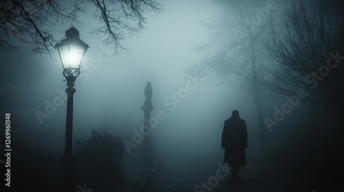 Wallpaper Mural A mysterious figure in a long coat walks through a foggy path, illuminated by a vintage streetlamp, creating an eerie yet captivating atmosphere. Torontodigital.ca