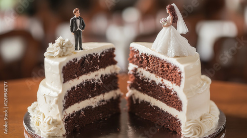 Wedding cake split in half with bride and groom figurines, symbolic concept of divorce and separation