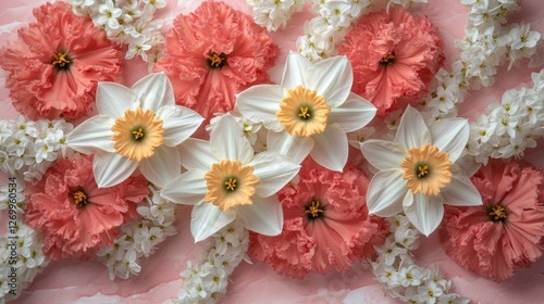 Spring Flowers, Pink and White Arrangement on Pastel Background. Daffodil and Hyacinths Flat lay