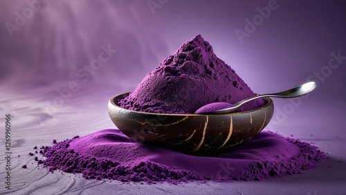 A bowl filled with vibrant purple powder, surrounded by a mound of the same powder, with a spoon resting inside