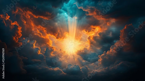 Heavenly light bursts forth, the clouds dispersing to create a sparkling trail marking Christ's glorious comeback