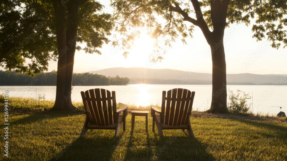 Fototapeta premium Two Adirondack chairs by a lake at sunset