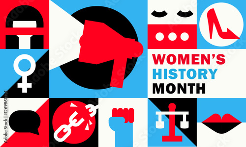Bold feminist graphic banner for Women's History Month, International Women's Day with geometric icons: megaphone, female gender symbol, raised fist, equality scales, chain breaking, freedom of speech