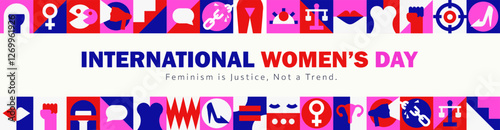 Bold geometric feminist panoramic banner for Women's History Month in red, pink, blue, and white colors with powerful geometric symbols. Header design. Gender equality, self empowerment, human rights
