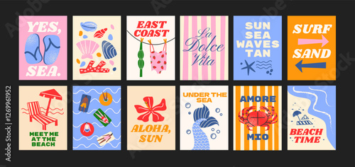 Sea summer posters beach coast ocean in minimalist style. Wall decor, trendy banners of vibe, fruits, plants, cocktails in the cartoon style of Matisse. Decor of wallpaper, walls, print and postcard
