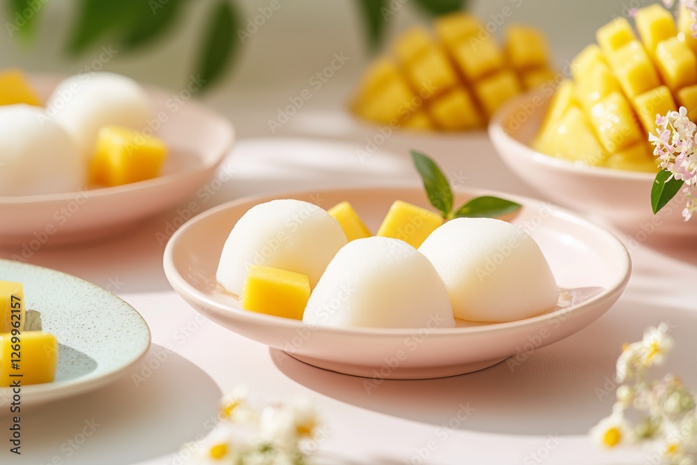Soft, pillowy mango mochi with a delicate pandan coconut filling, plated on pastel-hued ceramic dishes Soft, pillowy mango mochi with a delicate pandan coconut filling, plated on pastel-hued ceramic dishes
