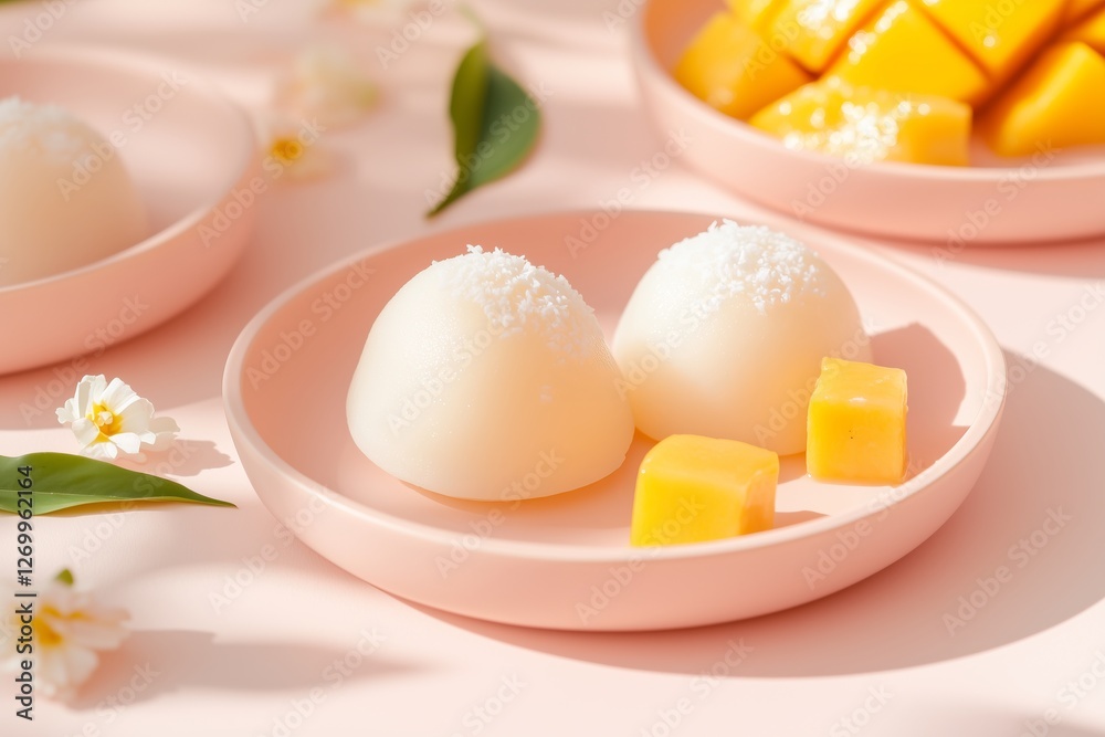 Soft, pillowy mango mochi with a delicate pandan coconut filling, plated on pastel-hued ceramic dishes Soft, pillowy mango mochi with a delicate pandan coconut filling, plated on pastel-hued ceramic dishes