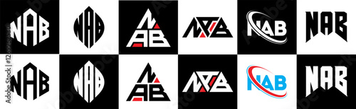 NAB letter logo design in six style. NAB polygon, circle, triangle, hexagon, flat and simple style with black and white color variation letter logo set in one artboard. NAB minimalist and classic logo
