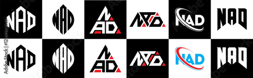 NAD letter logo design in six style. NAD polygon, circle, triangle, hexagon, flat and simple style with black and white color variation letter logo set in one artboard. NAD minimalist and classic logo