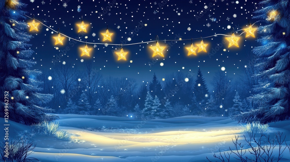 Obraz premium A serene winter night scene showcasing glowing star lights against a snowy backdrop, creating a magical and festive atmosphere.