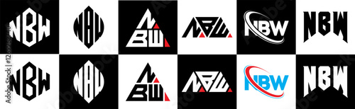 NBW letter logo design in six style. NBW polygon, circle, triangle, hexagon, flat and simple style with black and white color variation letter logo set in one artboard. NBW minimalist and classic logo