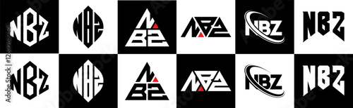 NBZ letter logo design in six style. NBZ polygon, circle, triangle, hexagon, flat and simple style with black and white color variation letter logo set in one artboard. NBZ minimalist and classic logo