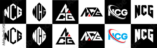 NCG letter logo design in six style. NCG polygon, circle, triangle, hexagon, flat and simple style with black and white color variation letter logo set in one artboard. NCG minimalist and classic logo