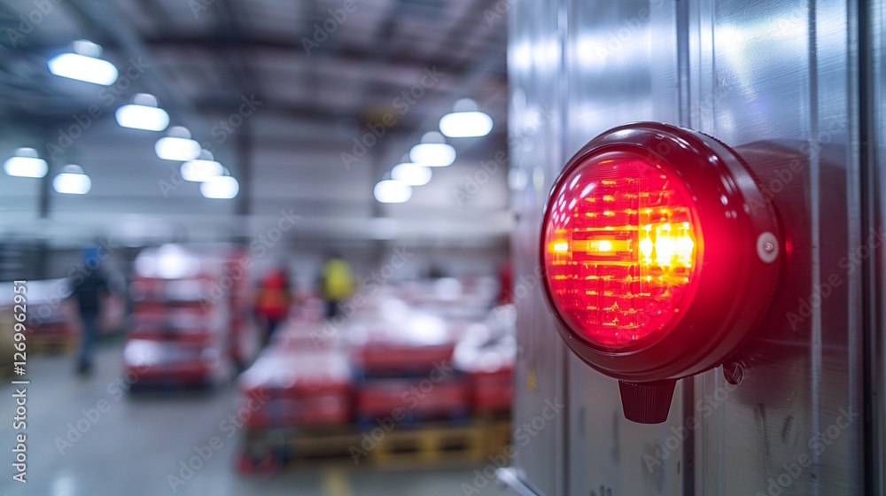 Led alarm siren glowing red on industrial control panel in warehouse environment
