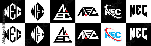 NEC letter logo design in six style. NEC polygon, circle, triangle, hexagon, flat and simple style with black and white color variation letter logo set in one artboard. NEC minimalist and classic logo