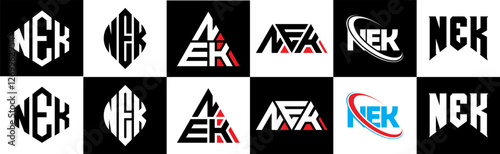 NEK letter logo design in six style. NEK polygon, circle, triangle, hexagon, flat and simple style with black and white color variation letter logo set in one artboard. NEK minimalist and classic logo