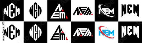 NEM letter logo design in six style. NEM polygon, circle, triangle, hexagon, flat and simple style with black and white color variation letter logo set in one artboard. NEM minimalist and classic logo