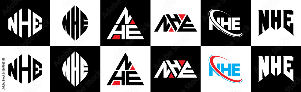 NHE letter logo design in six style. NHE polygon, circle, triangle, hexagon, flat and simple style with black and white color variation letter logo set in one artboard. NHE minimalist and classic logo NHE letter logo design in six style. NHE polygon, circle, triangle, hexagon, flat and simple style with black and white color variation letter logo set in one artboard. NHE minimalist and classic logo