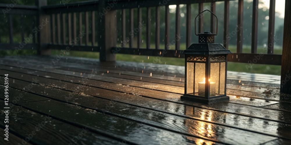 Soft rain falls on a lantern illuminating a wooden porch during a quiet evening in nature