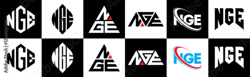 NGE letter logo design in six style. NGE polygon, circle, triangle, hexagon, flat and simple style with black and white color variation letter logo set in one artboard. NGE minimalist and classic logo