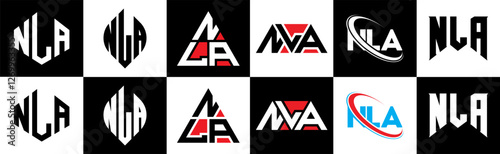 NLA letter logo design in six style. NLA polygon, circle, triangle, hexagon, flat and simple style with black and white color variation letter logo set in one artboard. NLA minimalist and classic logo