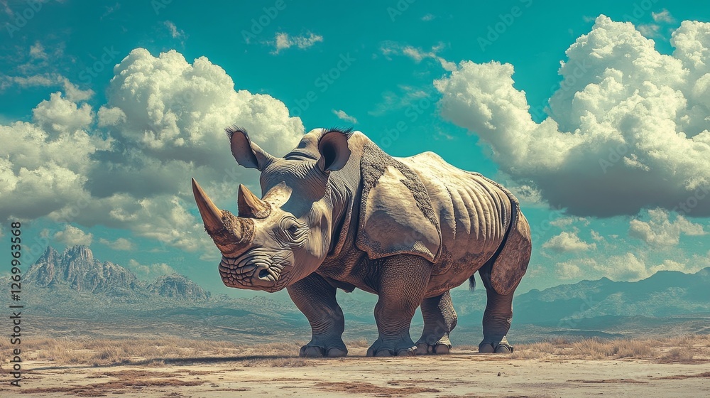 Fototapeta premium The white rhinoceros, scientifically categorized as Ceratotherium simum, is on the brink of extinction and is featured in a background wallpaper stock image