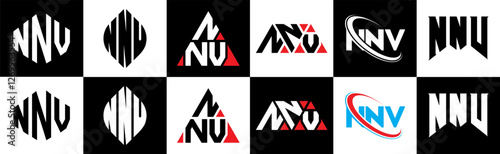 Free Download NNV letter logo design in six style. NNV polygon, circle, triangle, hexagon, flat and simple style with black and white color variation letter logo set in one artboard. NNV minimalist and classic logo - GFXLoad
