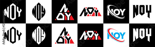 NOY letter logo design in six style. NOY polygon, circle, triangle, hexagon, flat and simple style with black and white color variation letter logo set in one artboard. NOY minimalist and classic logo