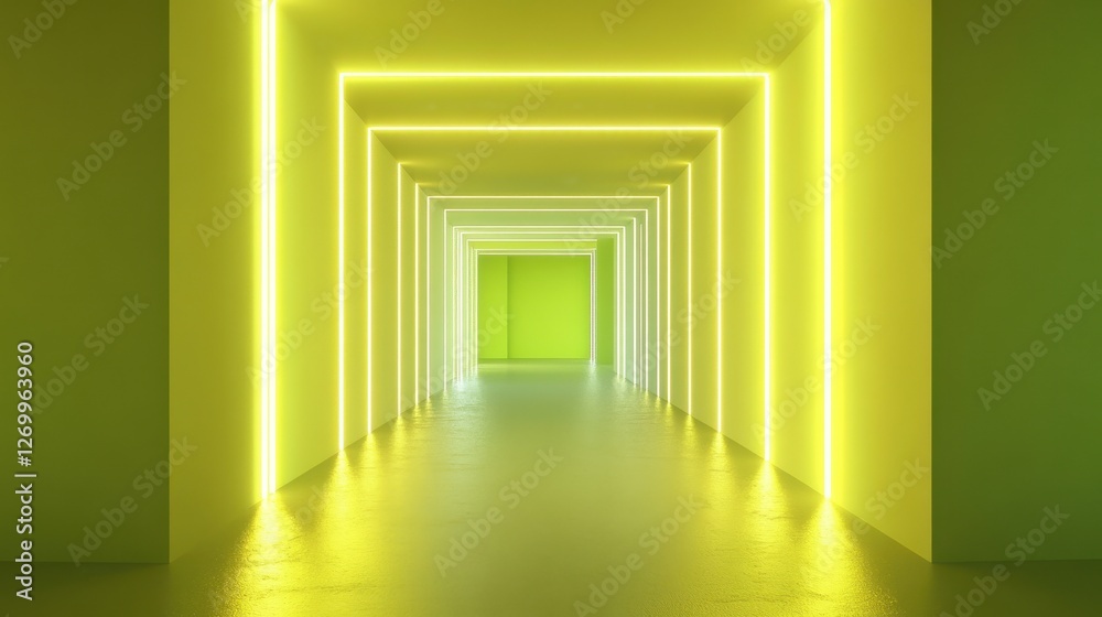 Fototapeta premium A minimalist corridor featuring vibrant neon yellow lighting, creating a bright and inviting atmosphere.