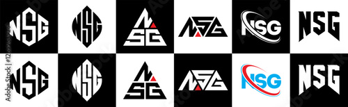 NSG letter logo design in six style. NSG polygon, circle, triangle, hexagon, flat and simple style with black and white color variation letter logo set in one artboard. NSG minimalist and classic logo