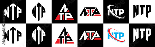 NTP letter logo design in six style. NTP polygon, circle, triangle, hexagon, flat and simple style with black and white color variation letter logo set in one artboard. NTP minimalist and classic logo